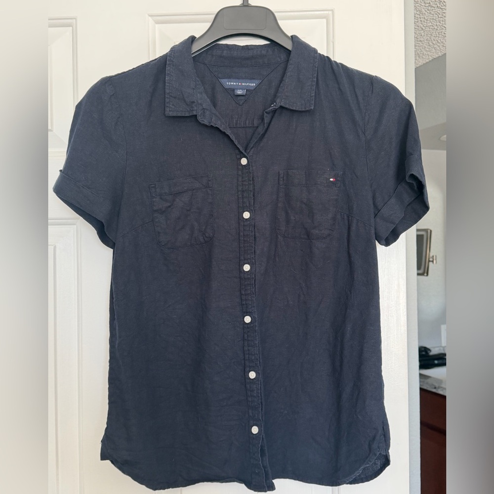 Tommy Hilfiger Linen Dark Blue Button Down Shirt Size Large